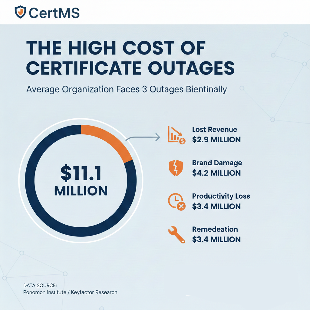 CertMS infographic, "The High Cost of Certificate Outages": $11.1 million average cost, broken down into lost revenue ($2.9 million), brand damage ($4.2 million), productivity loss ($3.4 million) and remediation ($3.4 million). Source: Ponemon Institute / Keyfactor Research.